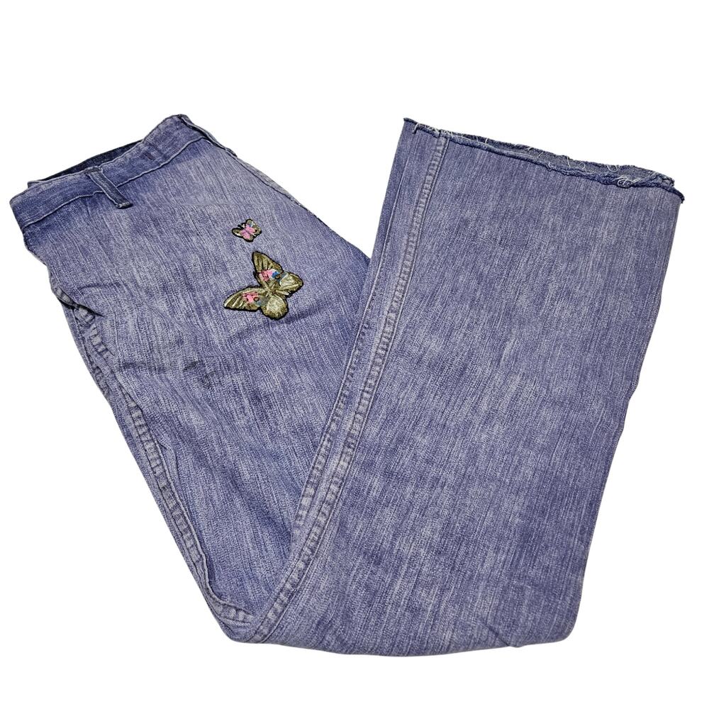 70s Love n Stuff Blue Bell Bottom Patchwork Jeans Butterfly Flower Patch Size 29